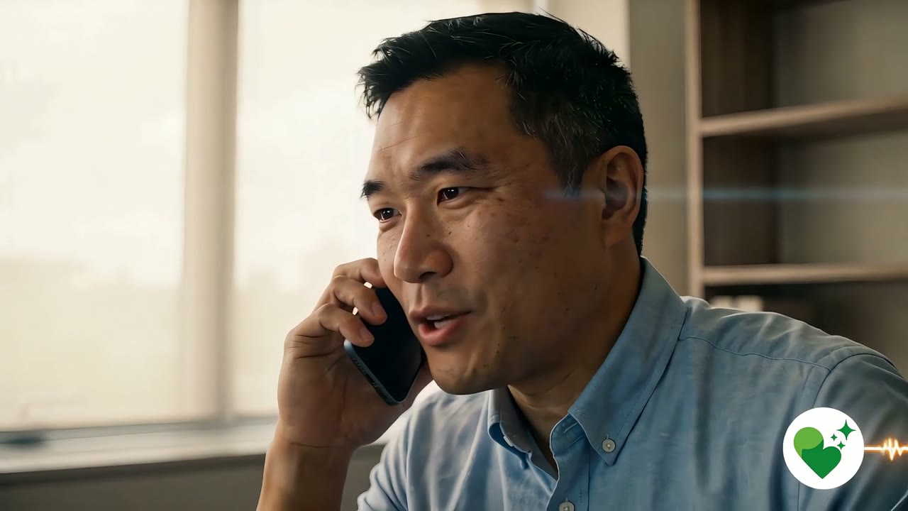 A patient speaking with Ellie, TrueMedAI's AI scheduling assistant, during a phone call from a home office